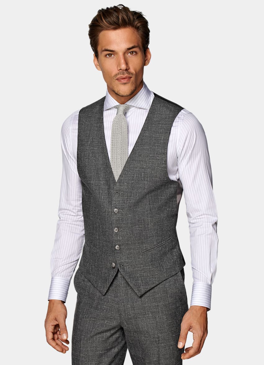 SUITSUPPLY Wool Silk Linen by E.Thomas, Italy Mid Grey Three-Piece Lazio Suit