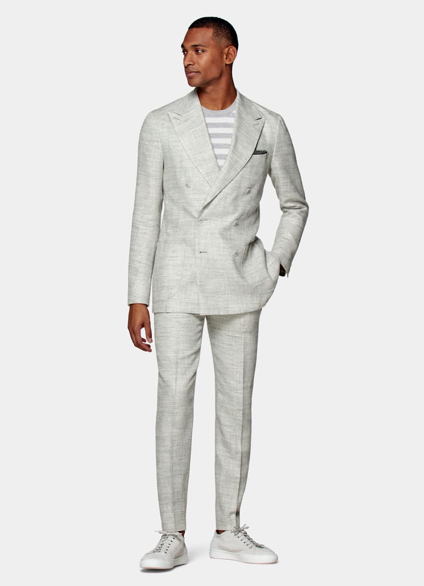 Light Grey Herringbone Havana Suit | Silk Linen Cotton Blend Double ...