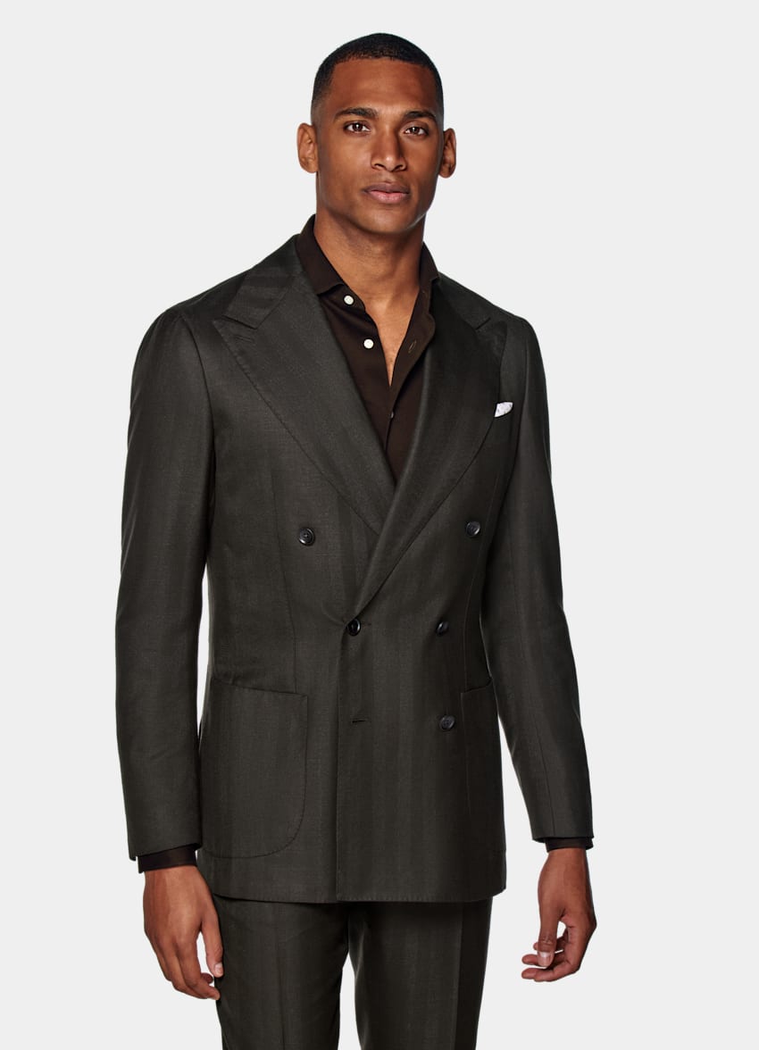 Dark Brown Herringbone Havana Suit | Wool Silk Linen Double Breasted ...