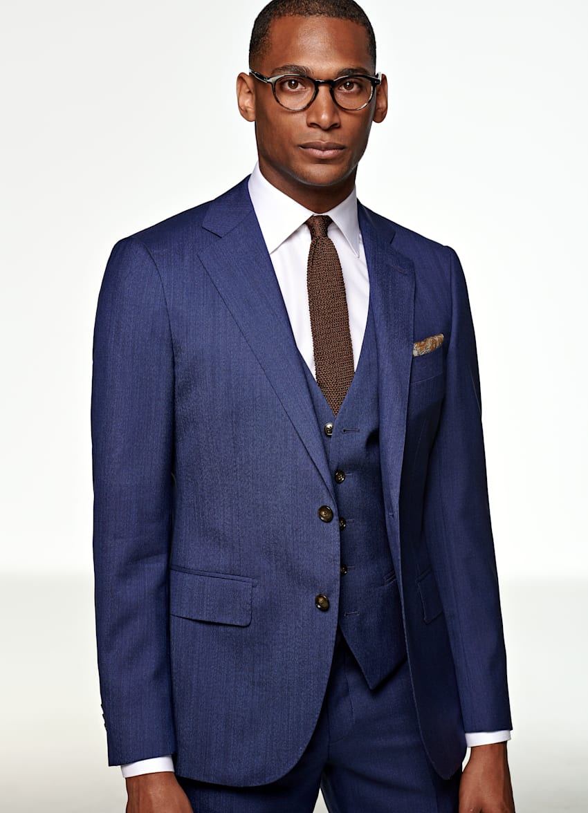 SUITSUPPLY All Season Pure Tropical Wool by Vitale Barberis Canonico, Italy Mid Blue Three-Piece Tailored Fit Lazio Suit