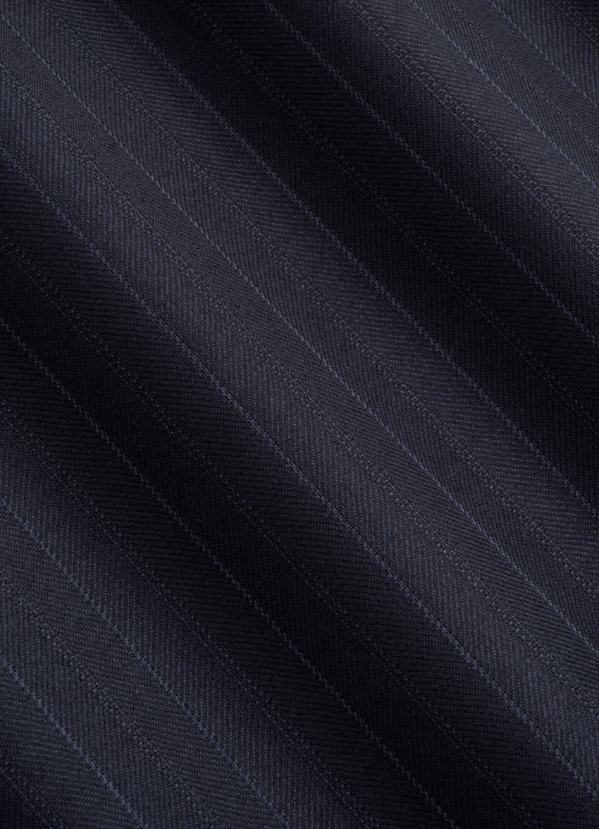 SUITSUPPLY All Season Wrinkle-Free Wool de Lanificio Ermenegildo Zegna, Italia Navy Striped Tailored Fit Milano Suit