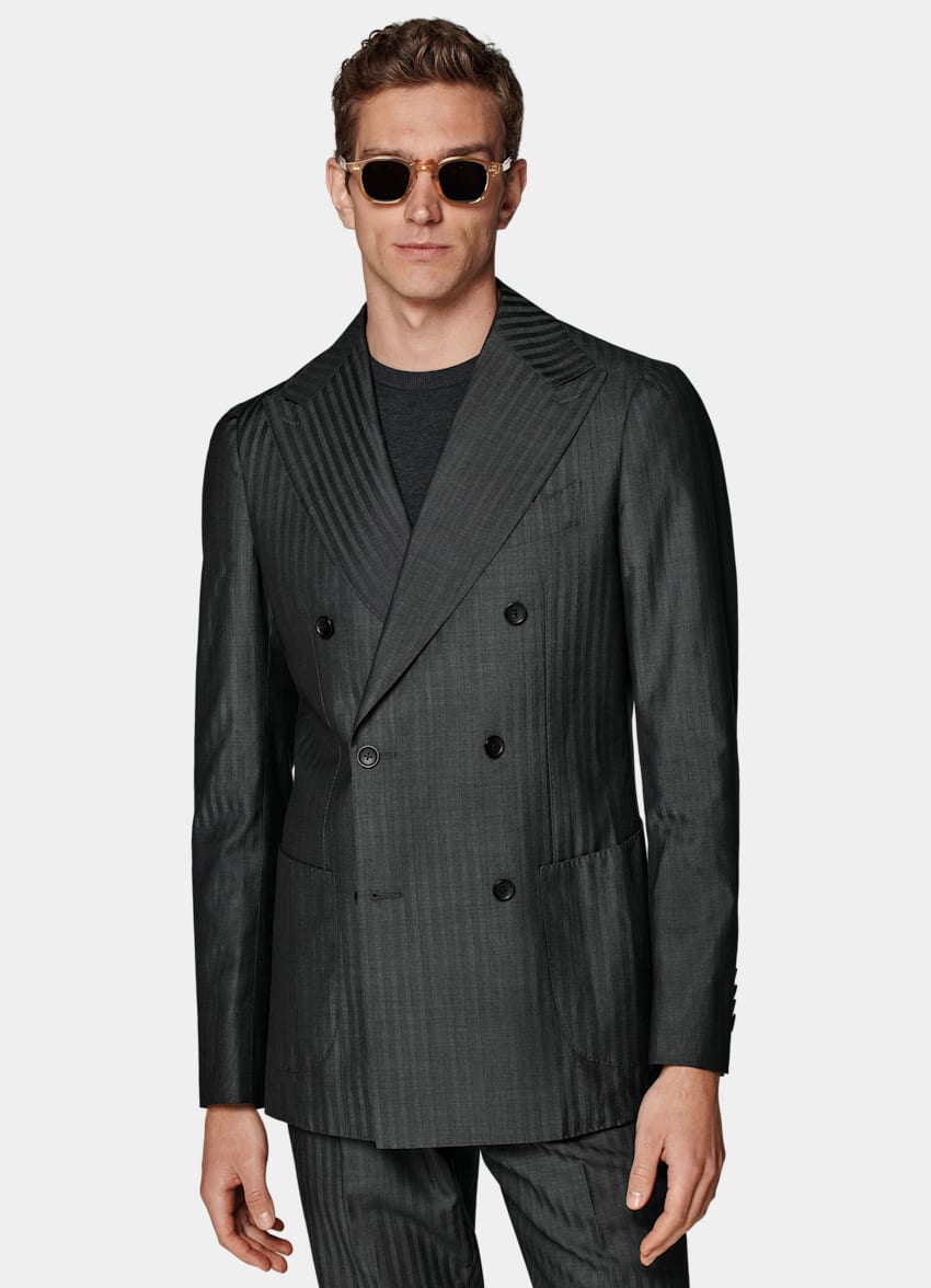 SUITSUPPLY All Season Wool Silk Solaro by Delfino, Italy Dark Grey Herringbone Perennial Tailored Fit Havana Suit