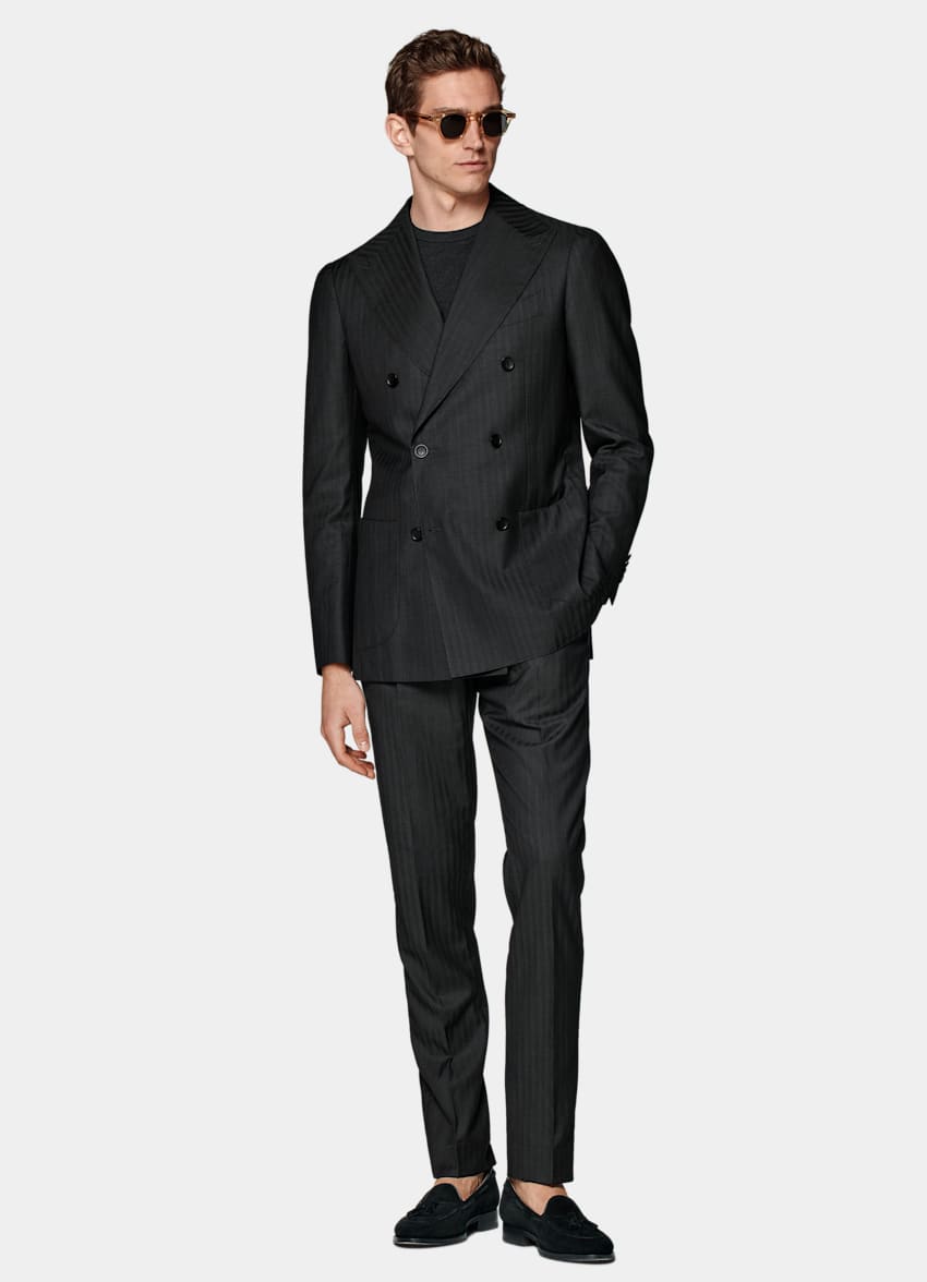 SUITSUPPLY All Season Wool Silk Solaro by Delfino, Italy Dark Grey Herringbone Perennial Tailored Fit Havana Suit