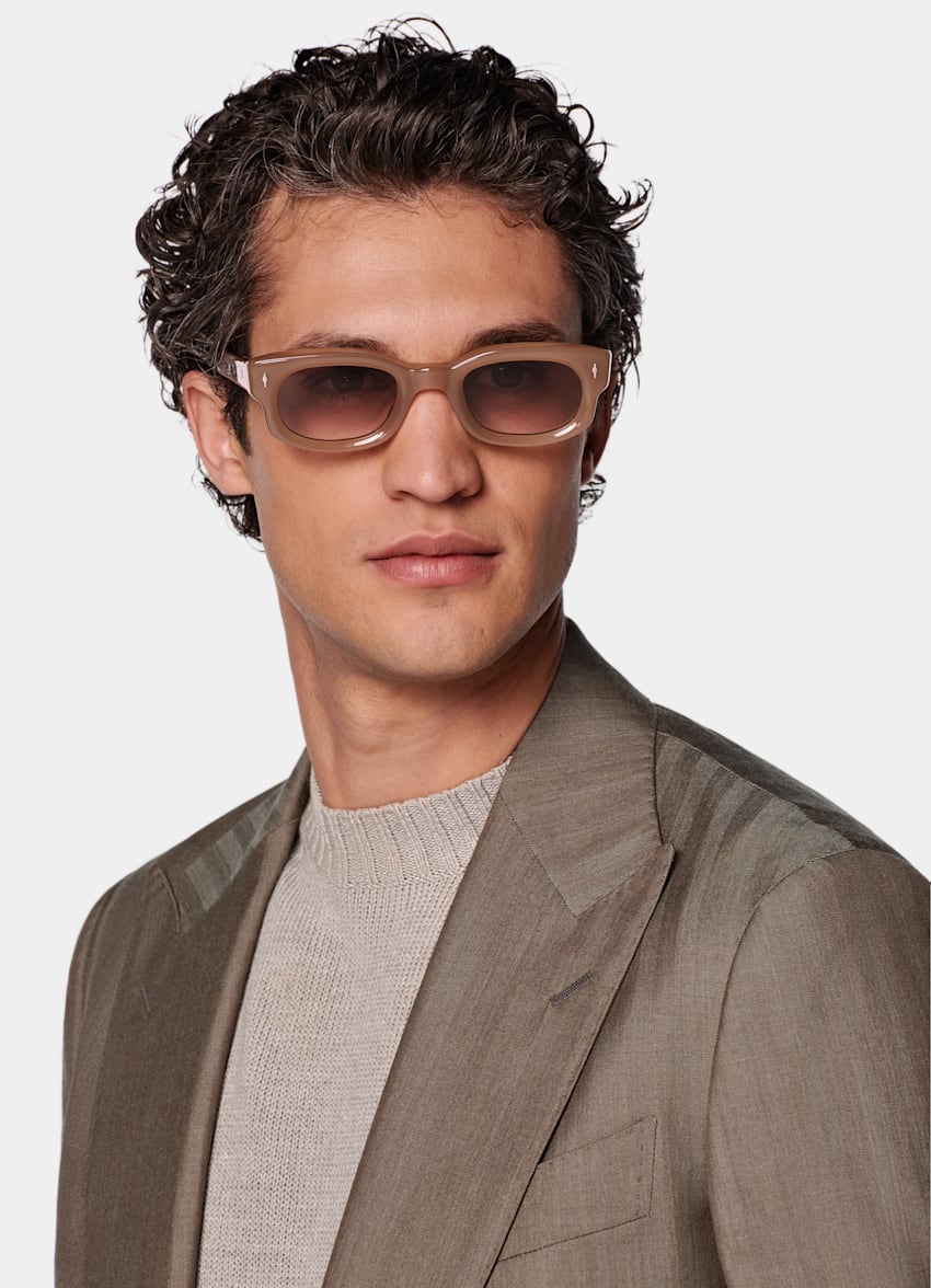 SUITSUPPLY All Season Wool Silk by Rogna, Italy Taupe Herringbone Perennial Tailored Fit Havana Suit