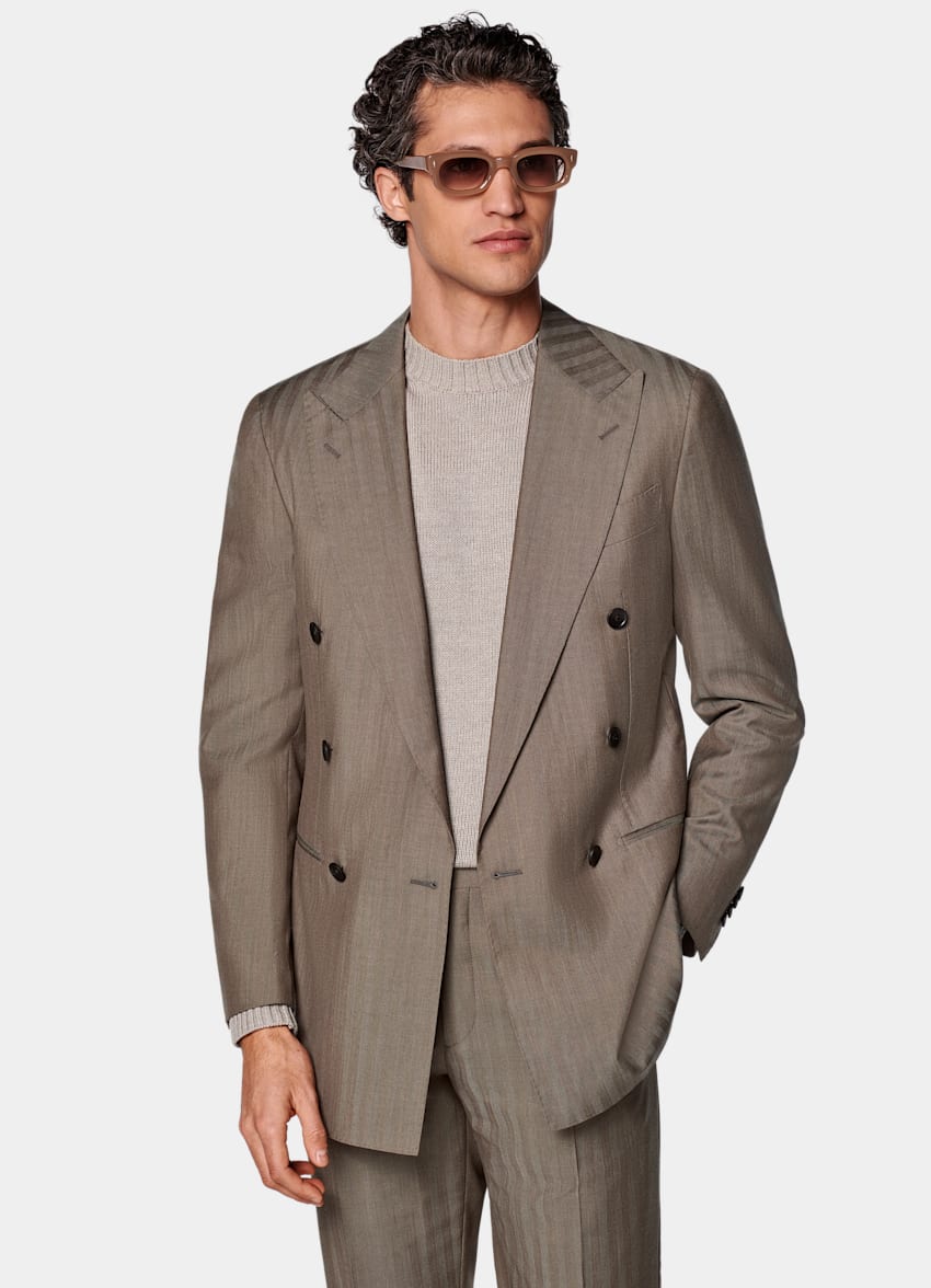 SUITSUPPLY All Season Wool Silk by Rogna, Italy Taupe Herringbone Perennial Tailored Fit Havana Suit