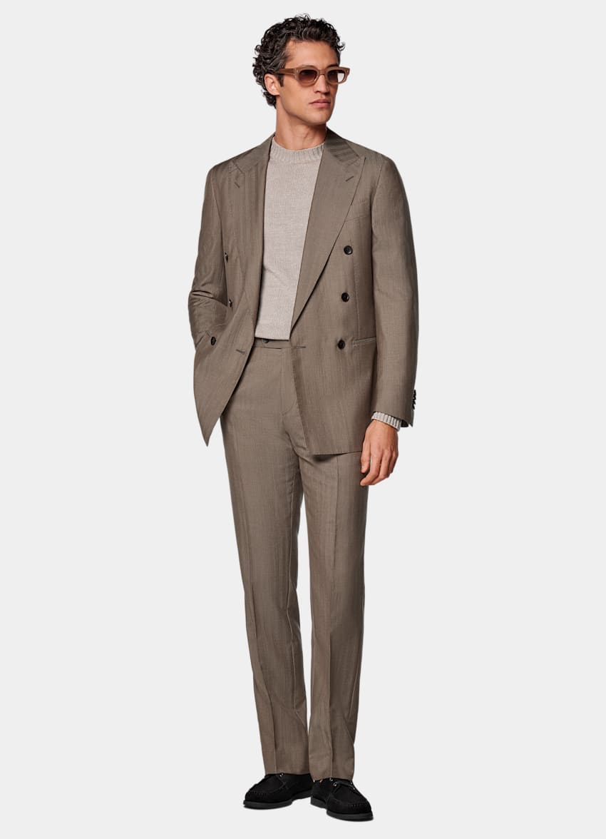 SUITSUPPLY All Season Wool Silk by Rogna, Italy Taupe Herringbone Perennial Tailored Fit Havana Suit