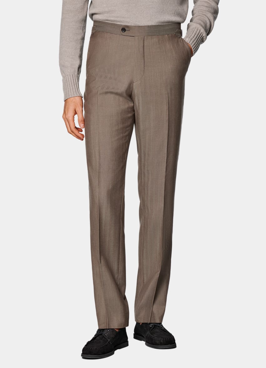 SUITSUPPLY All Season Wool Silk by Rogna, Italy Taupe Herringbone Perennial Tailored Fit Havana Suit
