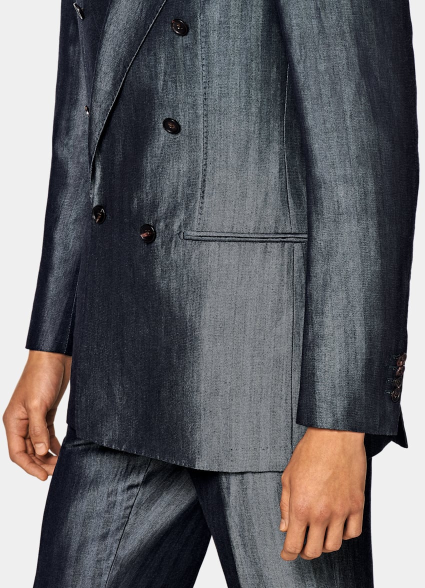 Mid Blue Herringbone Havana Suit | Wool Linen Double Breasted | SUITSUPPLY