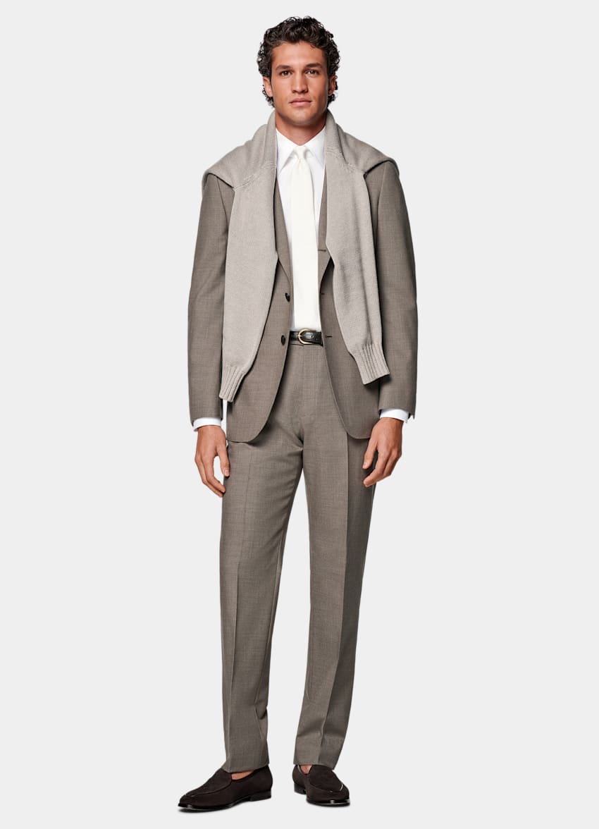 SUITSUPPLY All Season Wrinkle-Free 4-Ply Wool by Rogna, Italy Taupe Tailored Fit Havana Suit