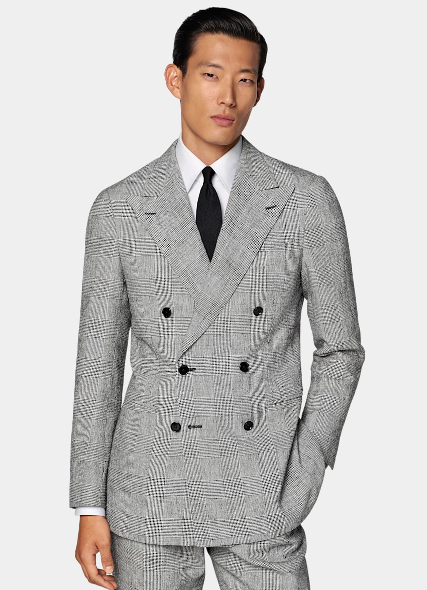 SUITSUPPLY Summer Linen Polyamide by Ferla, Italy Black Checked Tailored Fit Havana Suit