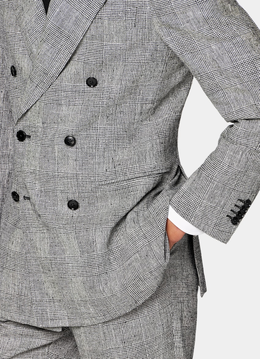 SUITSUPPLY Summer Linen Polyamide by Ferla, Italy Black Checked Tailored Fit Havana Suit