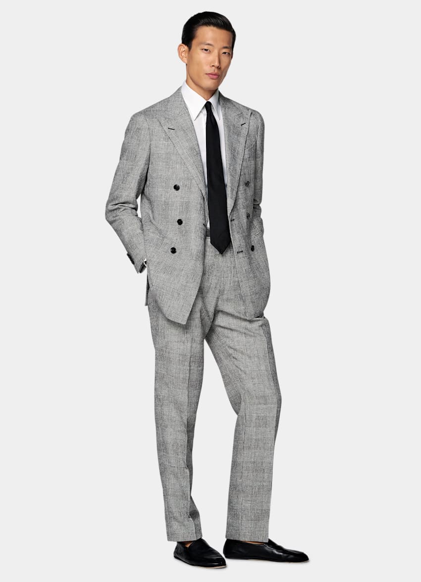 SUITSUPPLY Summer Linen Polyamide by Ferla, Italy Black Checked Tailored Fit Havana Suit