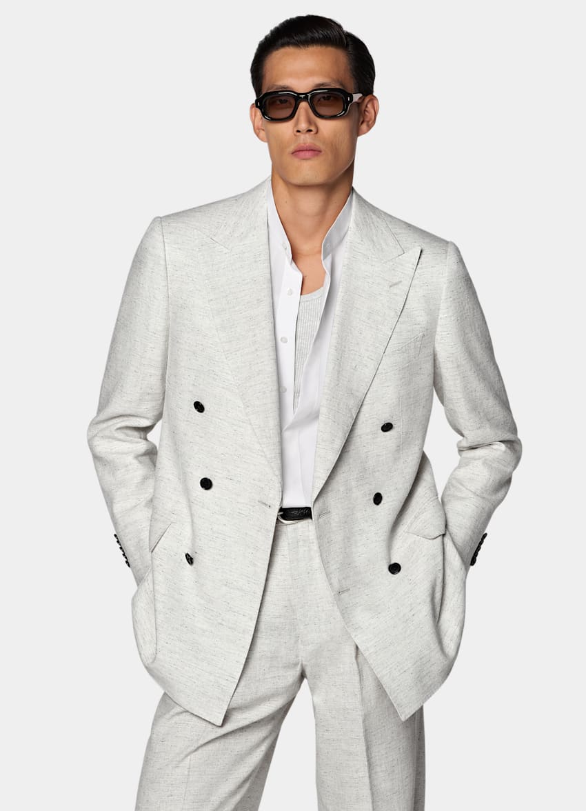 SUITSUPPLY Summer Linen Silk by Emmetex, Italy Light Grey Tailored Fit Milano Suit