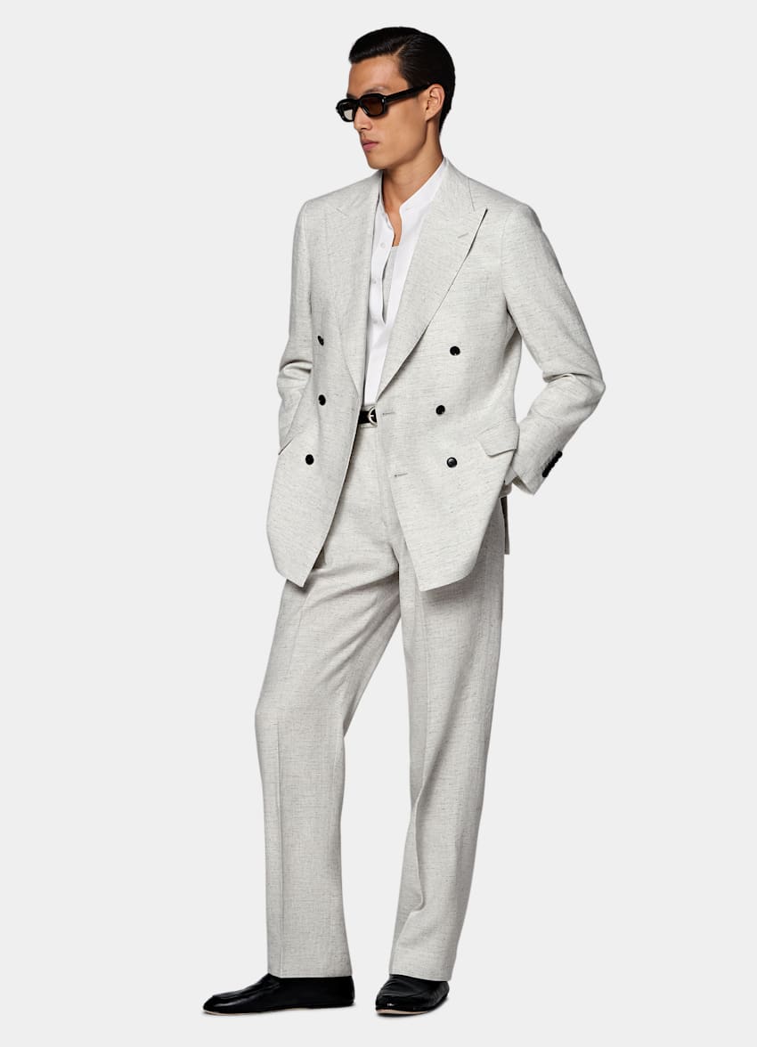 SUITSUPPLY Summer Linen Silk by Emmetex, Italy Light Grey Tailored Fit Milano Suit