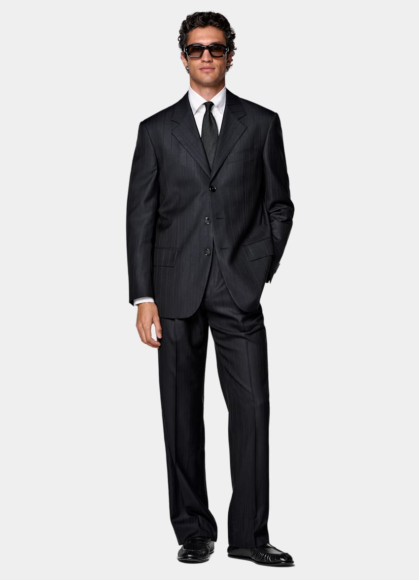 SUITSUPPLY All Season Wool Silk by Rogna, Italy Navy Herringbone Relaxed Fit Brera Suit