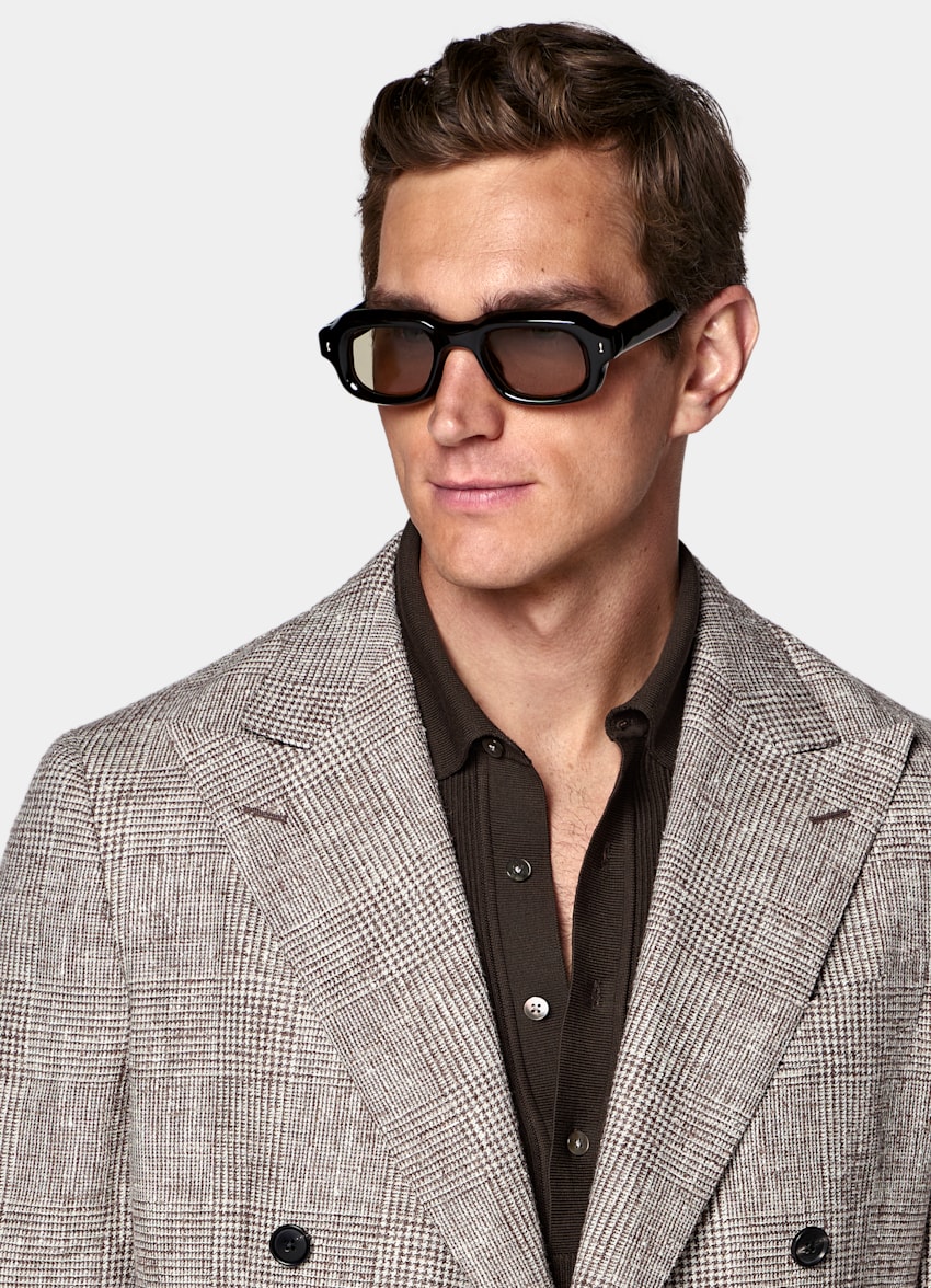 SUITSUPPLY Summer Linen Wool Silk Blend by Ferla, Italy Mid Brown Checked Tailored Fit Havana Suit