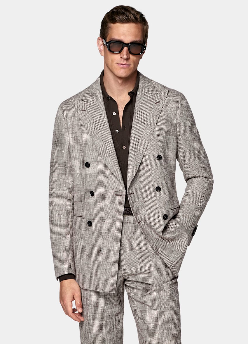 SUITSUPPLY Summer Linen Wool Silk Blend by Ferla, Italy Mid Brown Checked Tailored Fit Havana Suit