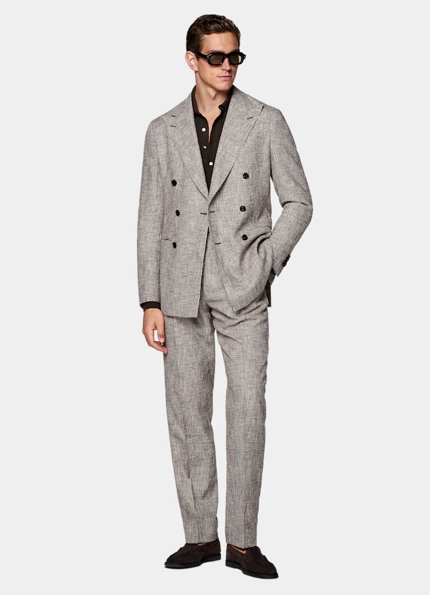 SUITSUPPLY Summer Linen Wool Silk Blend by Ferla, Italy Mid Brown Checked Tailored Fit Havana Suit