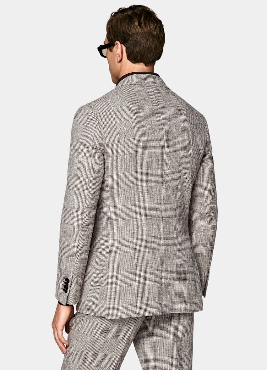 SUITSUPPLY Summer Linen Wool Silk Blend by Ferla, Italy Mid Brown Checked Tailored Fit Havana Suit