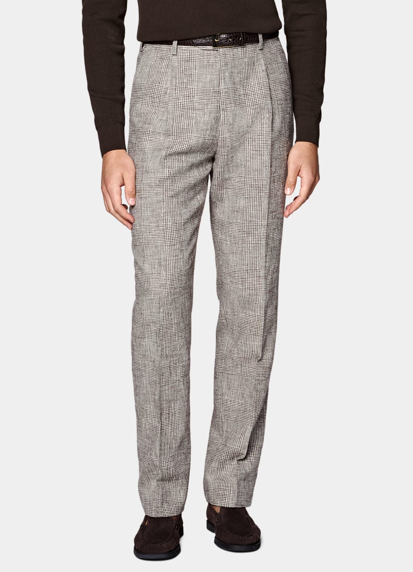 SUITSUPPLY Summer Linen Wool Silk Blend by Ferla, Italy Mid Brown Checked Tailored Fit Havana Suit