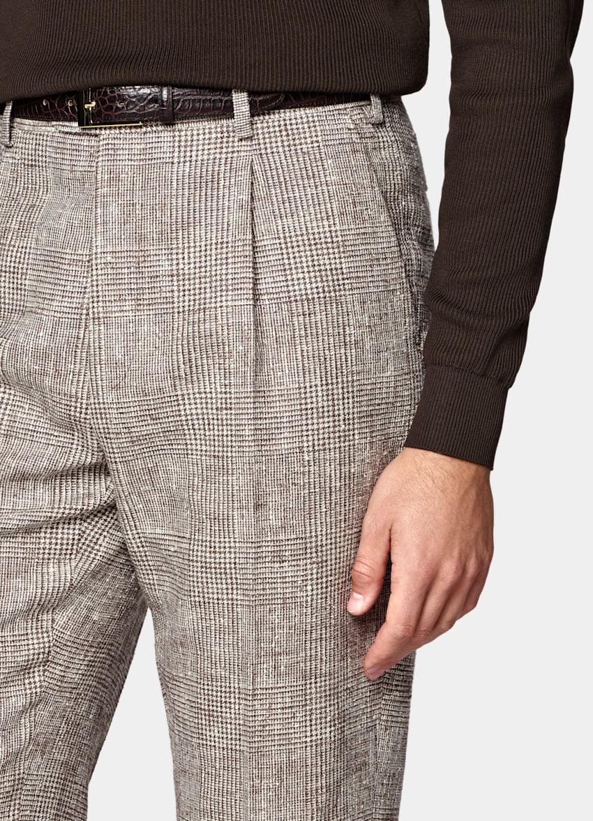 SUITSUPPLY Summer Linen Wool Silk Blend by Ferla, Italy Mid Brown Checked Tailored Fit Havana Suit