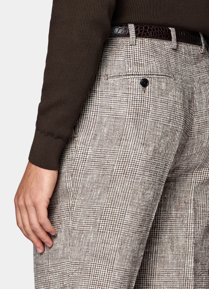 SUITSUPPLY Summer Linen Wool Silk Blend by Ferla, Italy Mid Brown Checked Tailored Fit Havana Suit