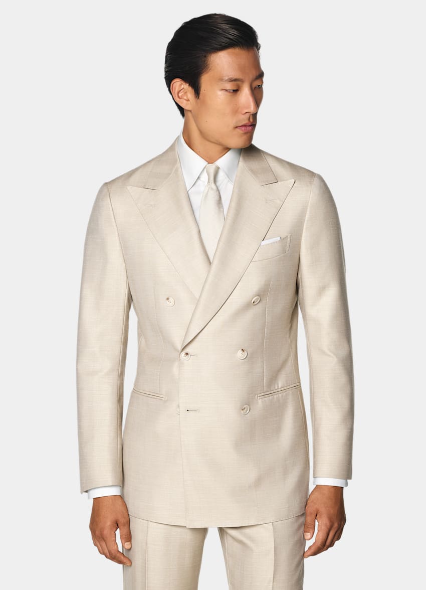 SUITSUPPLY Summer Wool Silk Linen by Rogna, Italy Sand Herringbone Tailored Fit Havana Suit