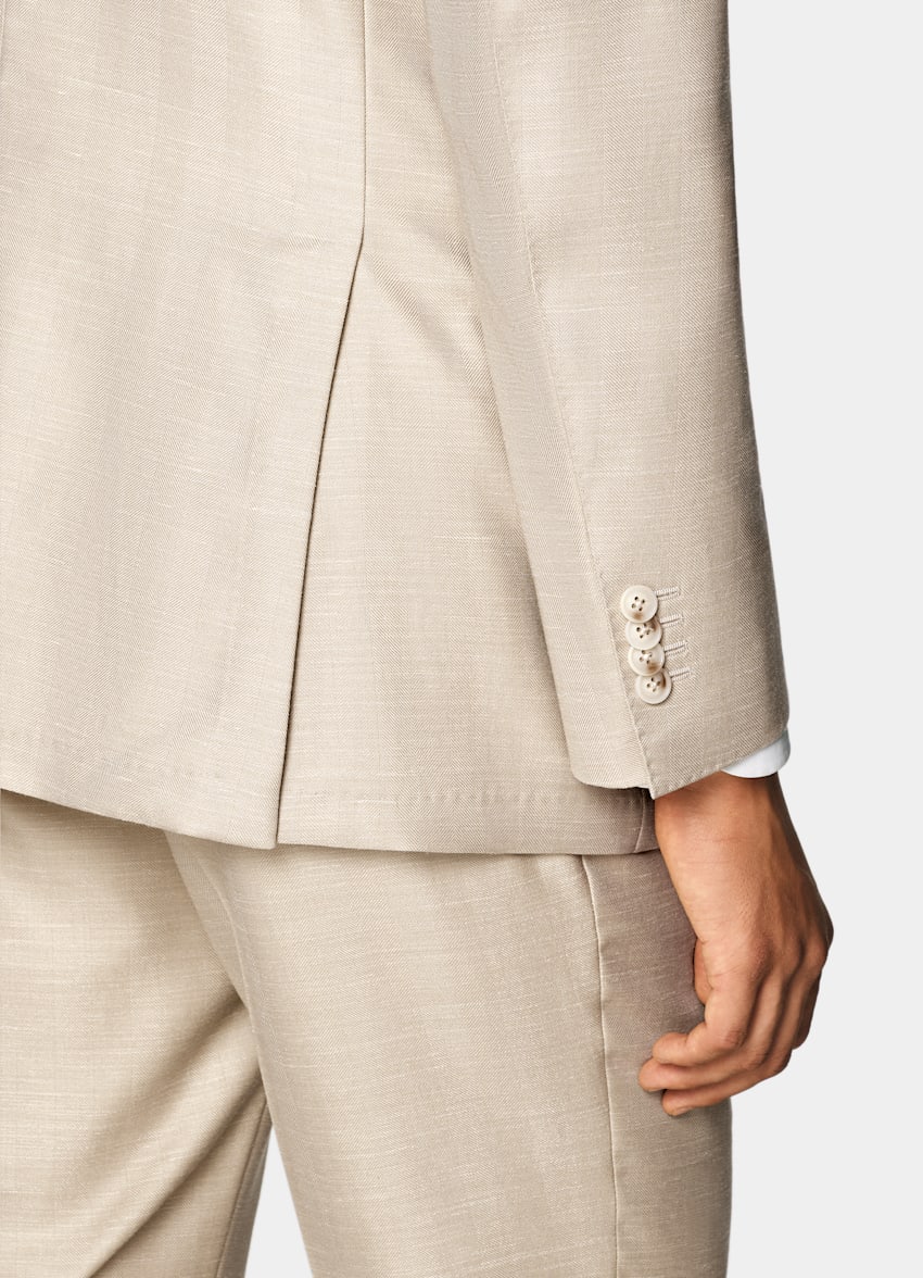 SUITSUPPLY Summer Wool Silk Linen by Rogna, Italy Sand Herringbone Tailored Fit Havana Suit