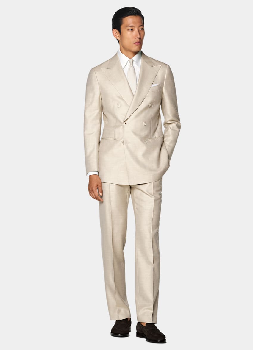 SUITSUPPLY Summer Wool Silk Linen by Rogna, Italy Sand Herringbone Tailored Fit Havana Suit