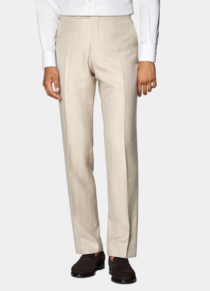 SUITSUPPLY Summer Wool Silk Linen by Rogna, Italy Sand Herringbone Tailored Fit Havana Suit