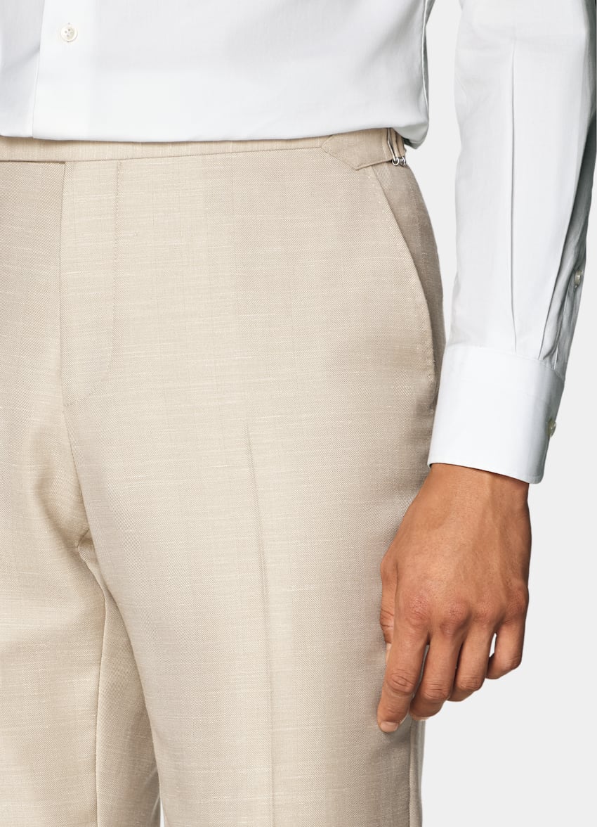 SUITSUPPLY Summer Wool Silk Linen by Rogna, Italy Sand Herringbone Tailored Fit Havana Suit