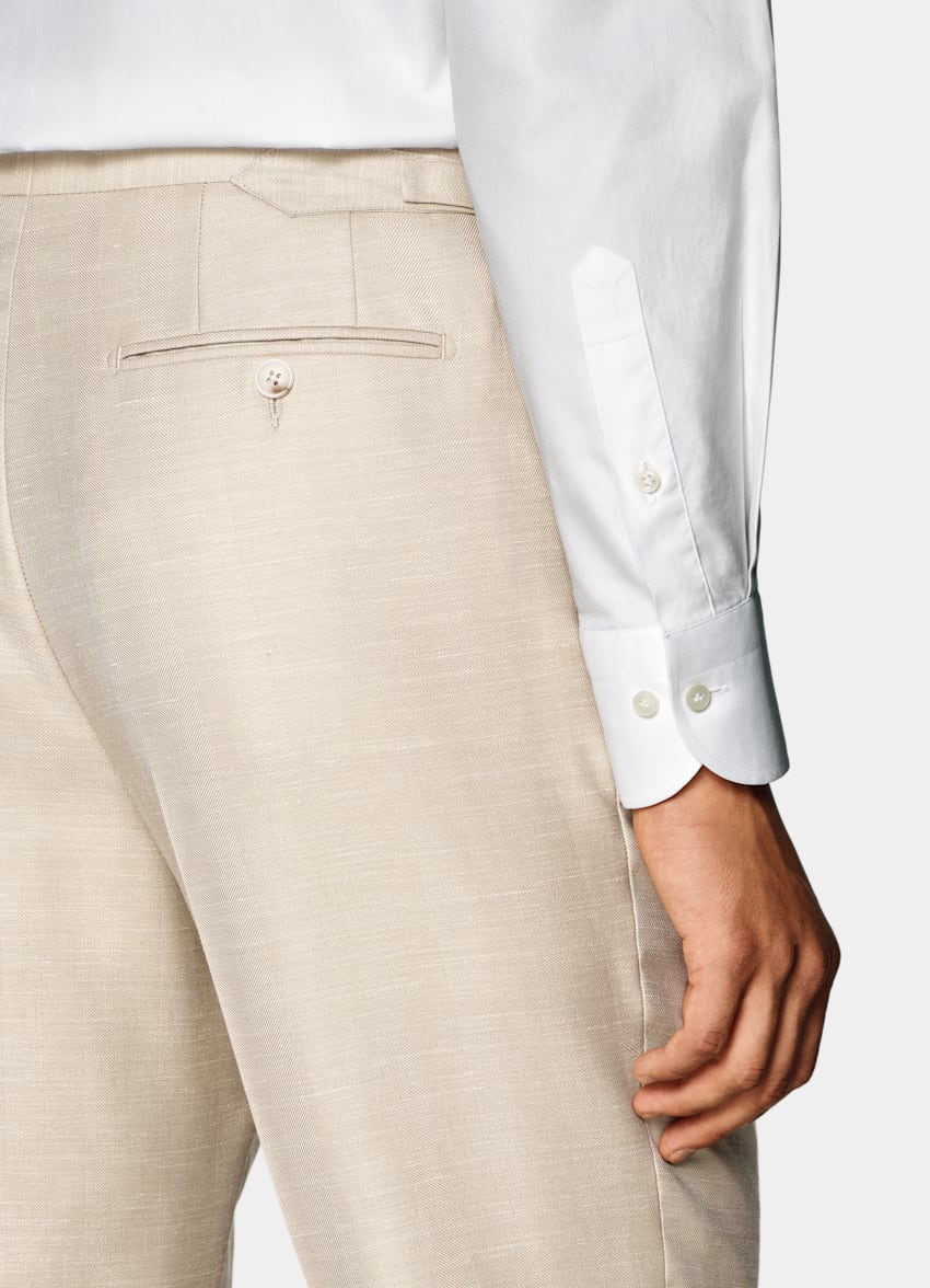 SUITSUPPLY Summer Wool Silk Linen by Rogna, Italy Sand Herringbone Tailored Fit Havana Suit