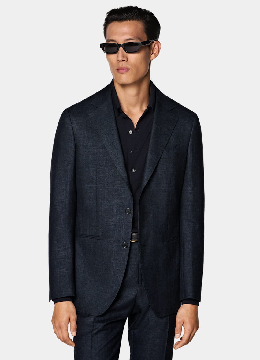 SUITSUPPLY Summer Wool Silk Linen by E.Thomas, Italy Navy Checked Tailored Fit Havana Suit