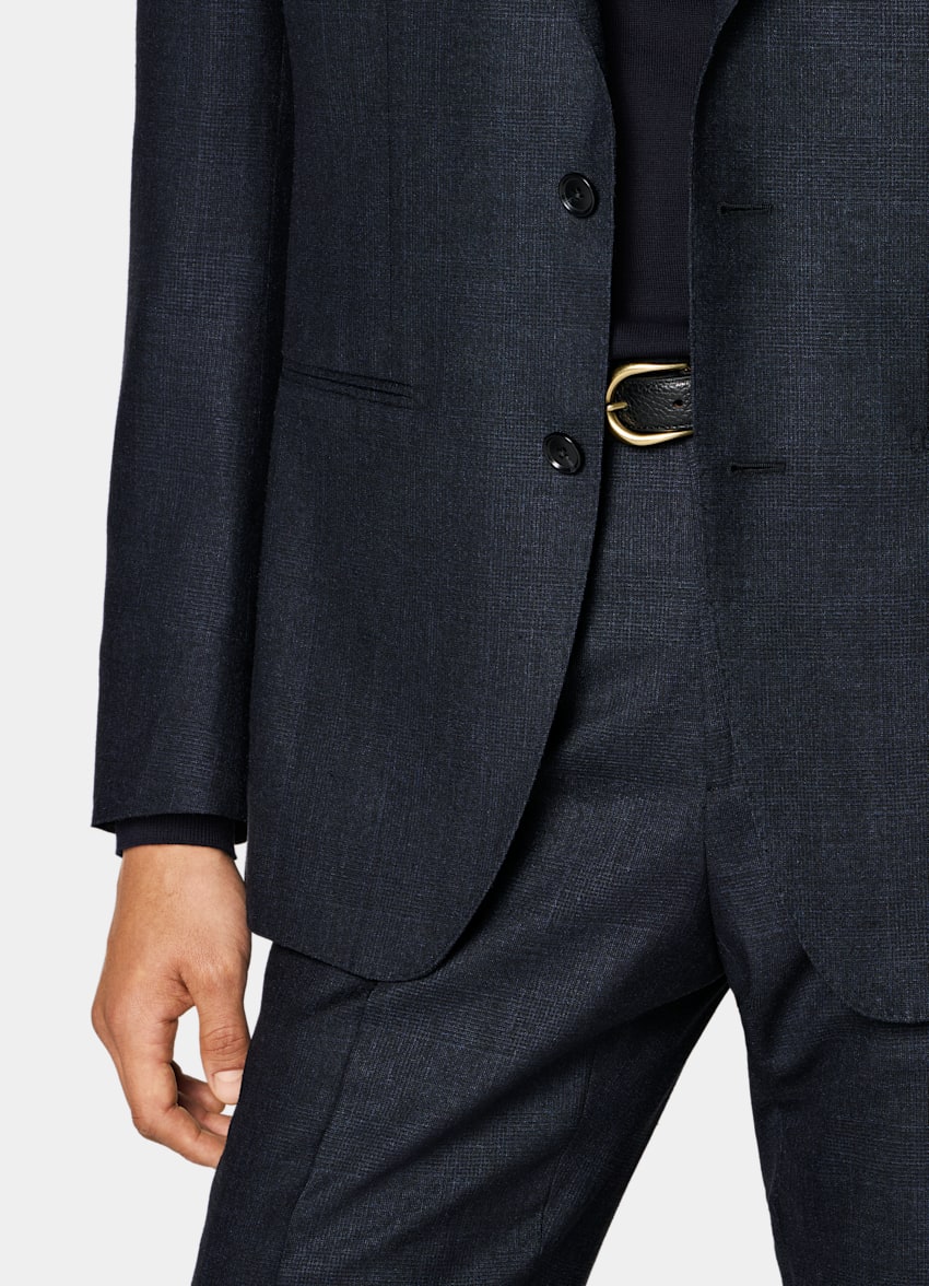 SUITSUPPLY Summer Wool Silk Linen by E.Thomas, Italy Navy Checked Tailored Fit Havana Suit