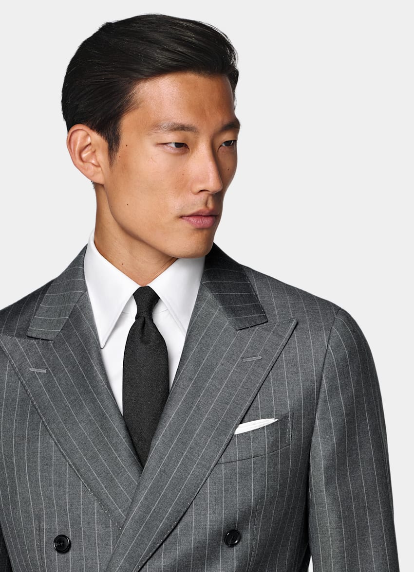 SUITSUPPLY All Season Pura lana S110s de Vitale Barberis Canonico, Italia Traje Havana gris medio a rayas corte Tailored