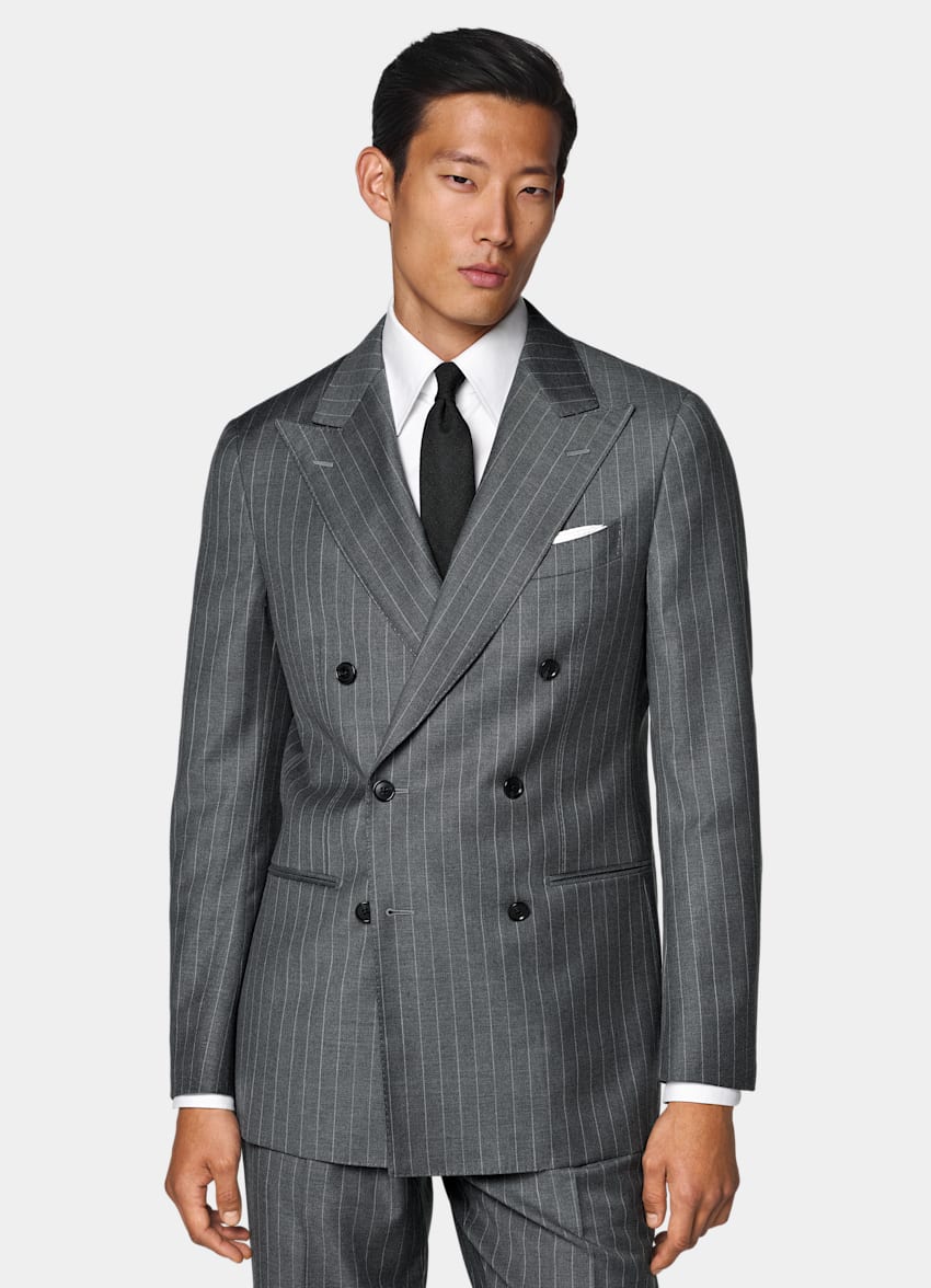 SUITSUPPLY All Season Pura lana S110s de Vitale Barberis Canonico, Italia Traje Havana gris medio a rayas corte Tailored