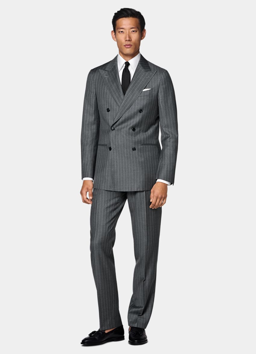 SUITSUPPLY All Season Pura lana S110s de Vitale Barberis Canonico, Italia Traje Havana gris medio a rayas corte Tailored