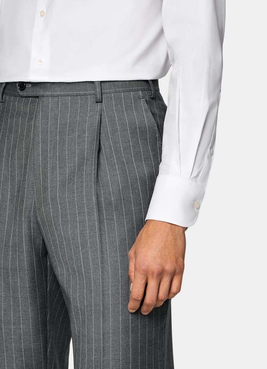SUITSUPPLY All Season Pura lana S110s de Vitale Barberis Canonico, Italia Traje Havana gris medio a rayas corte Tailored
