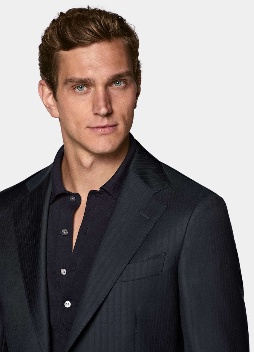 SUITSUPPLY All Season Pure S130's Wool by Reda, Italy Navy Striped Tailored Fit Havana Suit