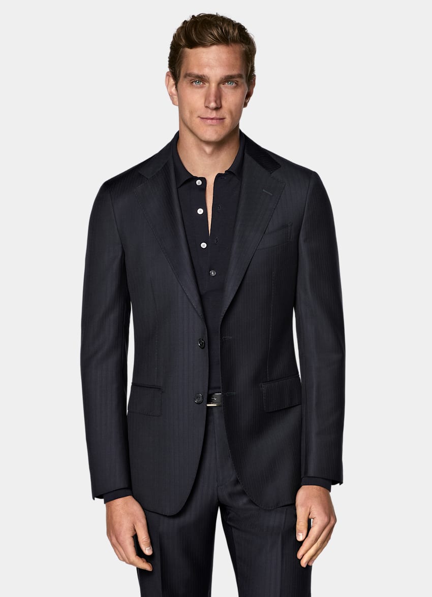 SUITSUPPLY All Season Pure S130's Wool by Reda, Italy Navy Striped Tailored Fit Havana Suit