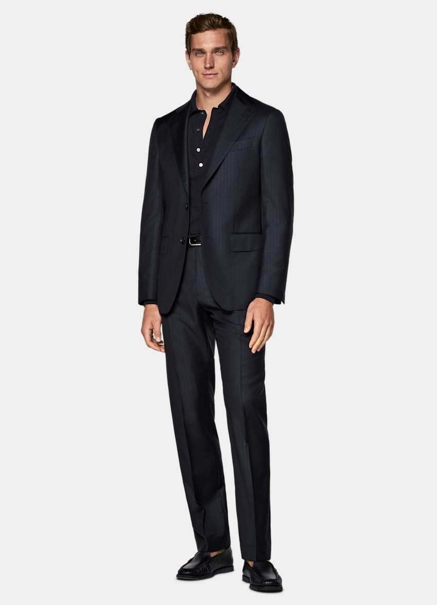 SUITSUPPLY All Season Pure S130's Wool by Reda, Italy Navy Striped Tailored Fit Havana Suit