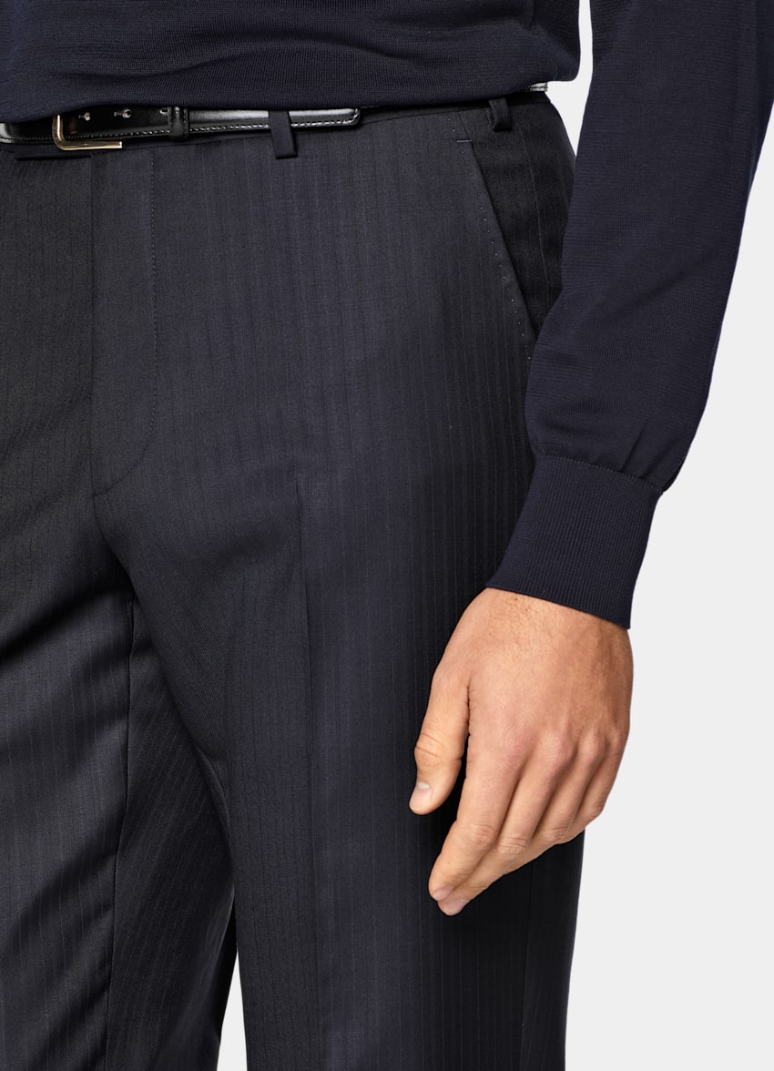 SUITSUPPLY All Season Pure S130's Wool by Reda, Italy Navy Striped Tailored Fit Havana Suit