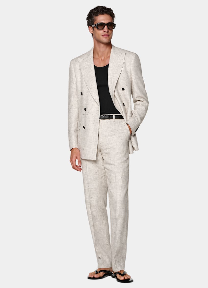 SUITSUPPLY Summer Linen Wool Silk Blend by Ferla, Italy Light Taupe Tailored Fit Milano Suit