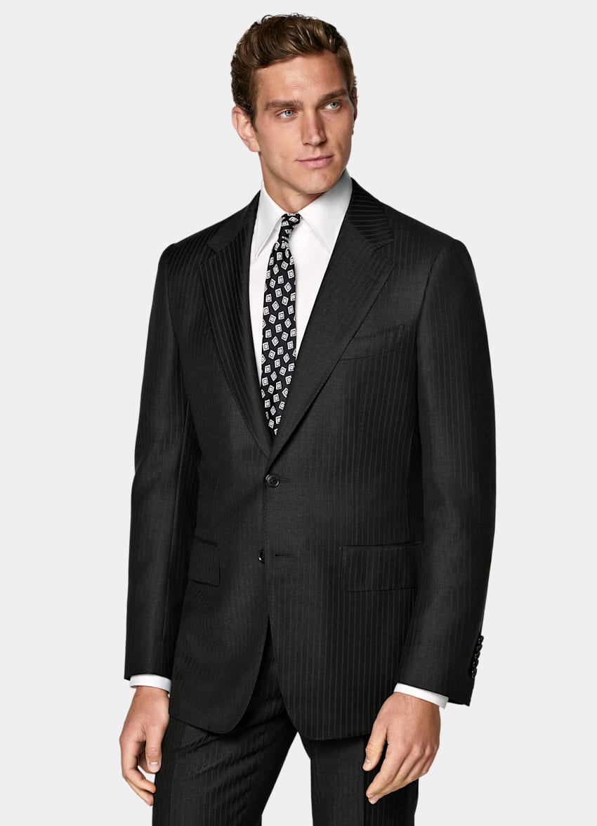 SUITSUPPLY All Season Wrinkle-Free Wool by Lanificio Ermenegildo Zegna, Italy Dark Grey Striped Tailored Fit Milano Suit