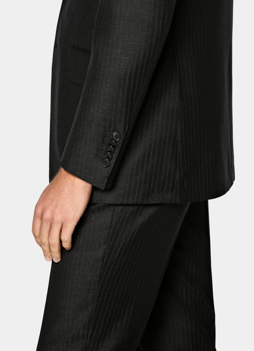 SUITSUPPLY All Season Wrinkle-Free Wool by Lanificio Ermenegildo Zegna, Italy Dark Grey Striped Tailored Fit Milano Suit
