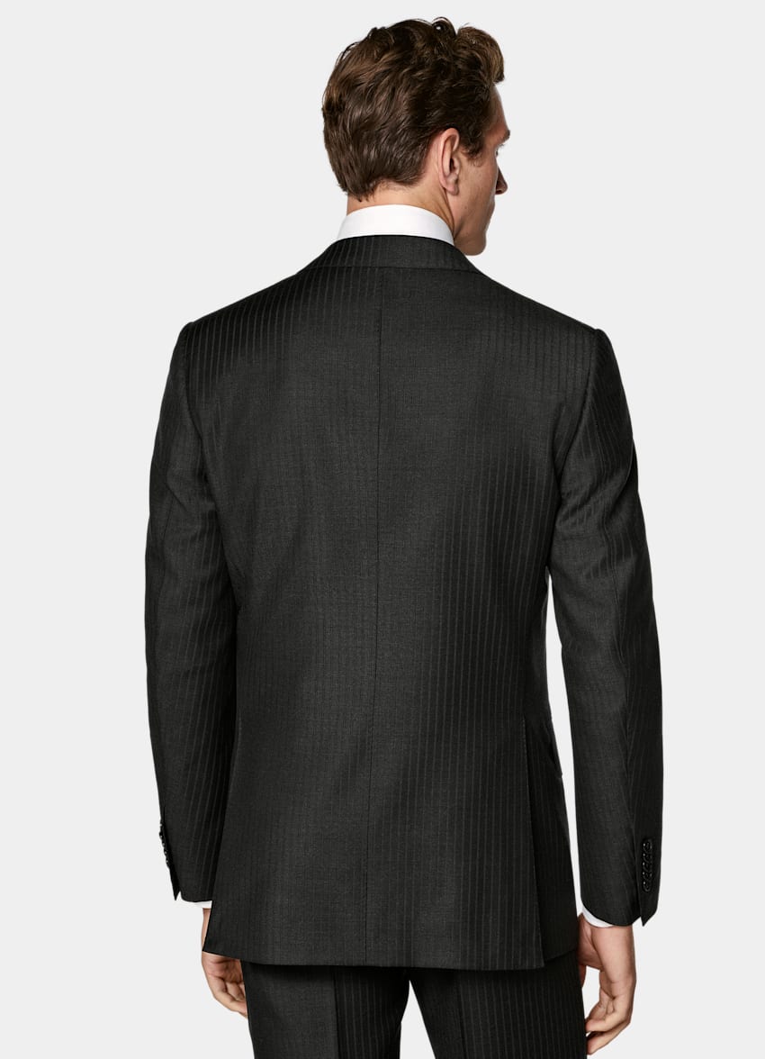 SUITSUPPLY All Season Wrinkle-Free Wool by Lanificio Ermenegildo Zegna, Italy Dark Grey Striped Tailored Fit Milano Suit