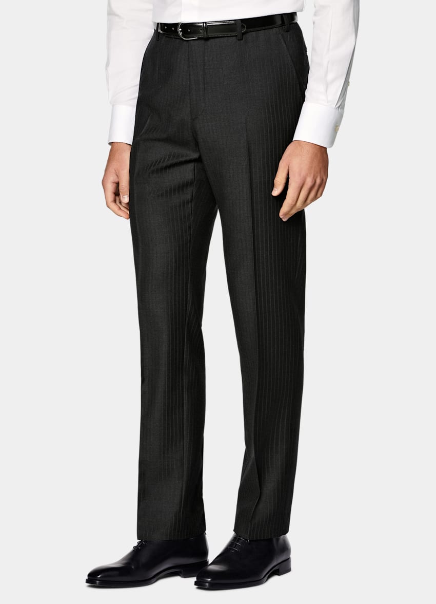 SUITSUPPLY All Season Wrinkle-Free Wool by Lanificio Ermenegildo Zegna, Italy Dark Grey Striped Tailored Fit Milano Suit