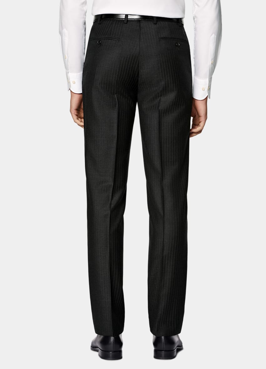 SUITSUPPLY All Season Wrinkle-Free Wool by Lanificio Ermenegildo Zegna, Italy Dark Grey Striped Tailored Fit Milano Suit