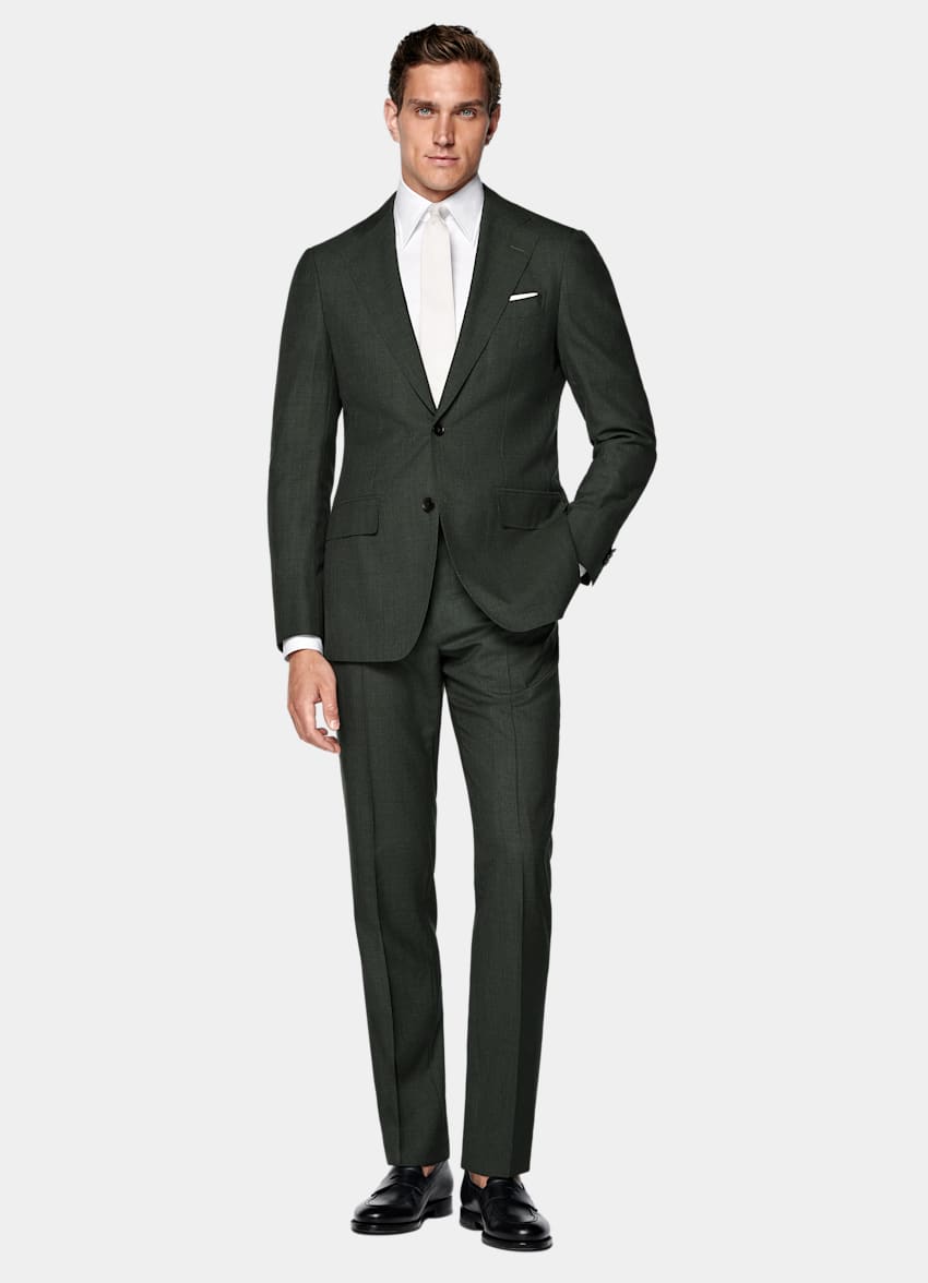 SUITSUPPLY All Season Pure Tropical Wool by Vitale Barberis Canonico, Italy Dark Green Perennial Tailored Fit Havana Suit