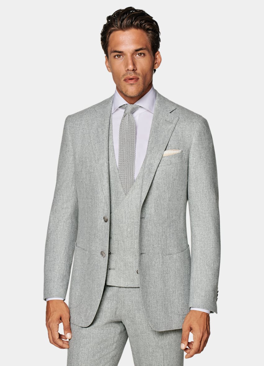 SUITSUPPLY Circular Wool Flannel by Vitale Barberis Canonico, Italy Light Grey Three-Piece Havana Suit
